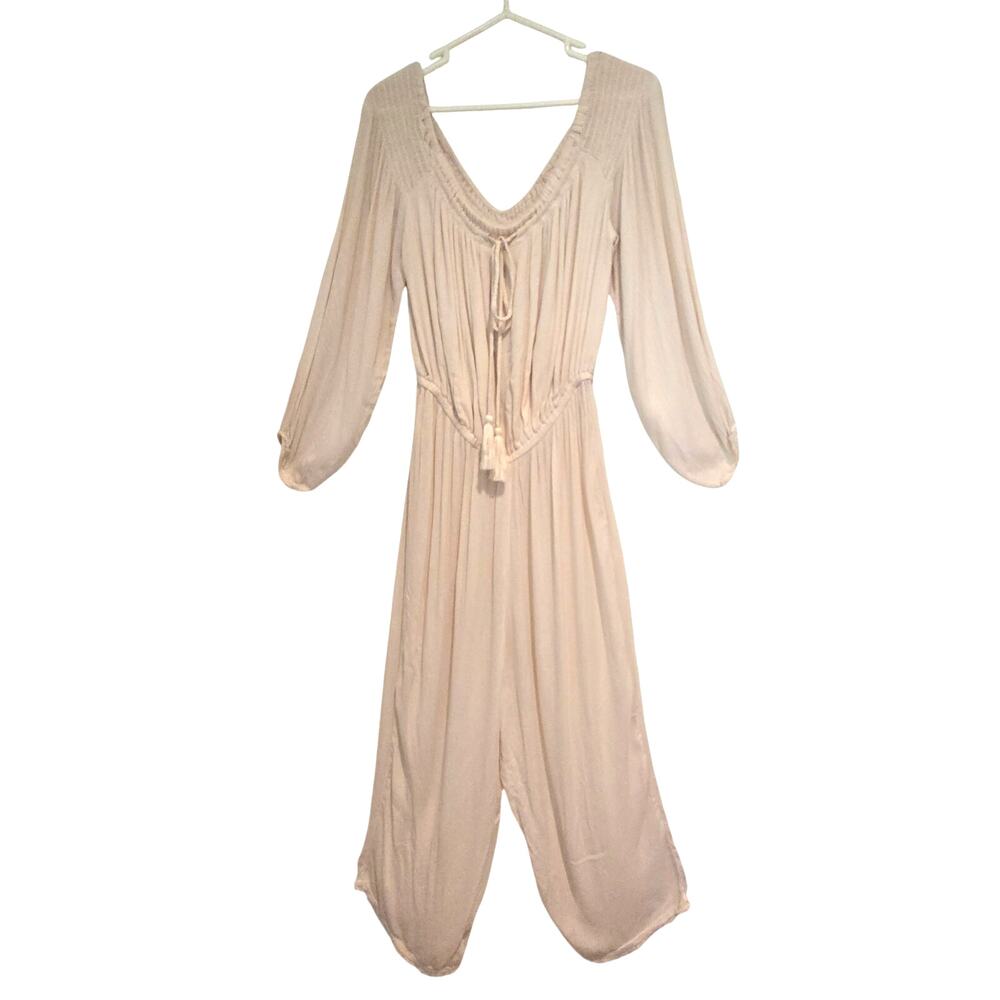 Free People Ivory Rayon Gauze Jumpsuit Wide Leg Tassel Back Boho Sz M - Picture 4 of 8